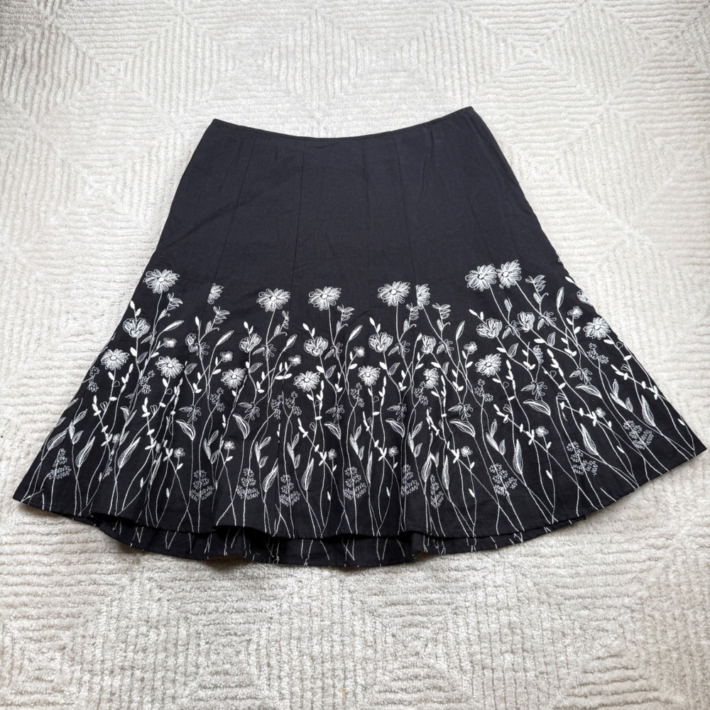 Christopher & Banks Floral Skirt Womens 12 Black Linen Midi Boho Cottagecore